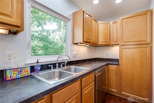 25 Laura Ave, Dayton, OH 45405 - kitchen featuring stainless steel dishwasher, dark countertops, recessed lighting, and dark wood-style flooring