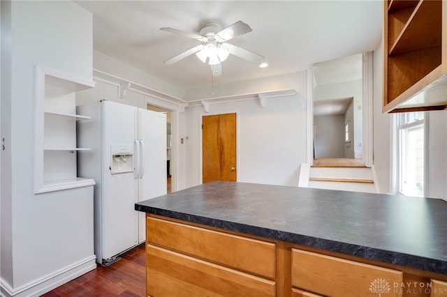 25 Laura Ave, Dayton, OH 45405 - kitchen with white refrigerator with ice dispenser, open shelves, ceiling fan, and dark countertops
