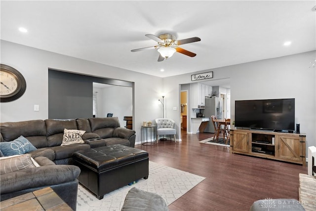 395 Victoria Pl, Waynesville, OH 45068 - living area featuring ceiling fan, dark wood-style floors, and recessed lighting