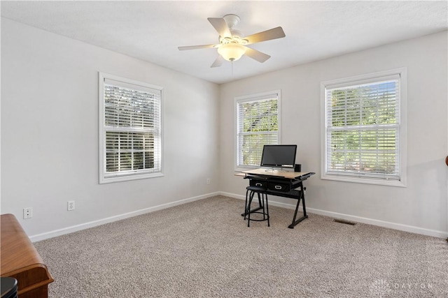 395 Victoria Pl, Waynesville, OH 45068 - carpeted home office featuring baseboards and ceiling fan