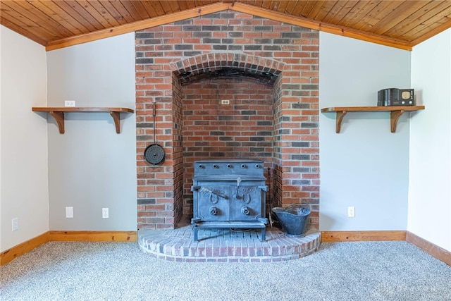 989 Ogden Rd, Adams Twp, OH 45177 - detailed view of a wood stove, wooden ceiling, carpet flooring, and ornamental molding