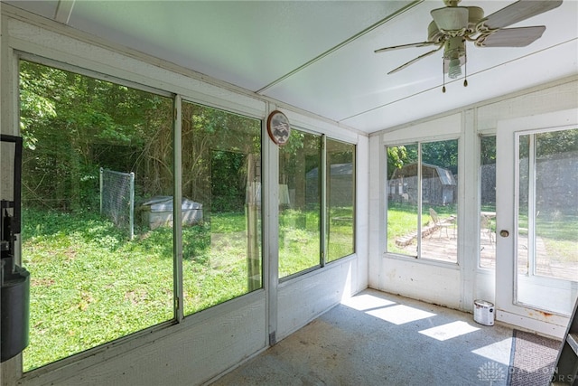 989 Ogden Rd, Adams Twp, OH 45177 - unfurnished sunroom with a ceiling fan and lofted ceiling
