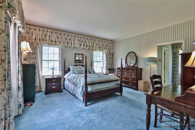 11 Peterson Pl, Wilmington, OH 45177 - bedroom featuring wallpapered walls, ornamental molding, carpet, and a desk