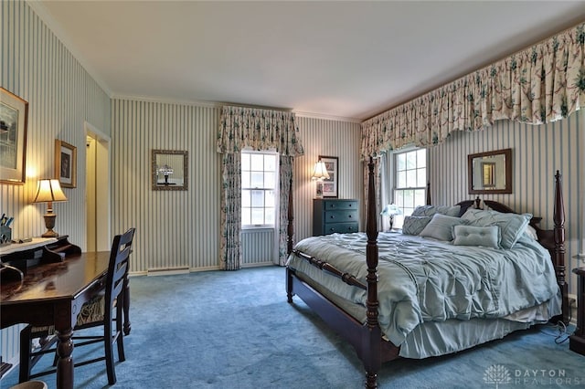 11 Peterson Pl, Wilmington, OH 45177 - bedroom featuring wallpapered walls, carpet floors, and ornamental molding