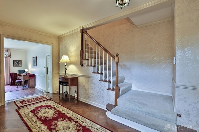 11 Peterson Pl, Wilmington, OH 45177 - staircase featuring ornamental molding and wallpapered walls
