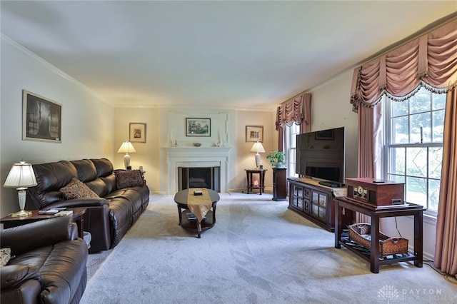11 Peterson Pl, Wilmington, OH 45177 - living area with crown molding, healthy amount of natural light, a fireplace, and light carpet