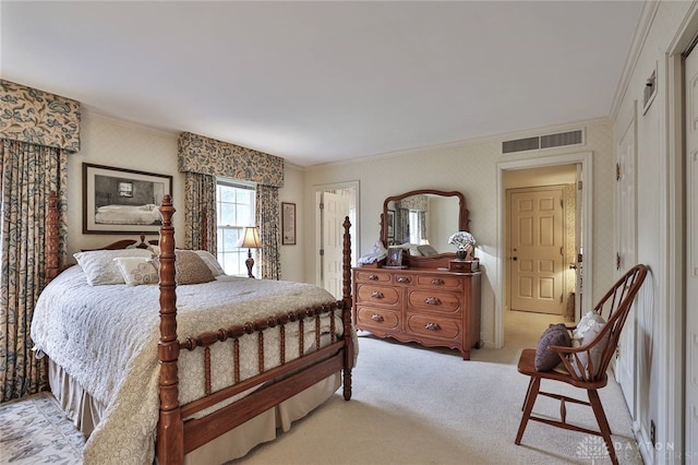 11 Peterson Pl, Wilmington, OH 45177 - bedroom featuring crown molding, wallpapered walls, and light carpet