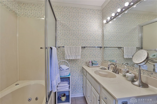 11 Peterson Pl, Wilmington, OH 45177 - full bathroom featuring ornamental molding, wallpapered walls, vanity, tile patterned flooring, and a combined bath / shower with jetted tub