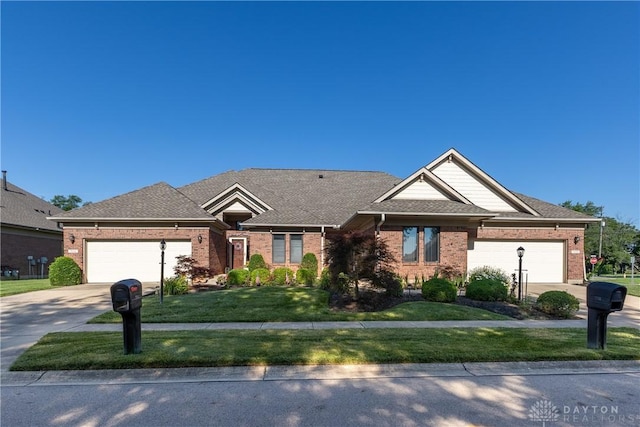 7135 Salem Crossing Pl, Englewood, OH 45322 - ranch-style house with driveway, an attached garage, brick siding, a front lawn, and roof with shingles