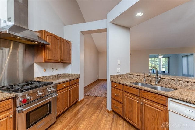 7135 Salem Crossing Pl, Englewood, OH 45322 - kitchen featuring range hood, stainless steel stove, white dishwasher, light wood finished floors, and light stone counters
