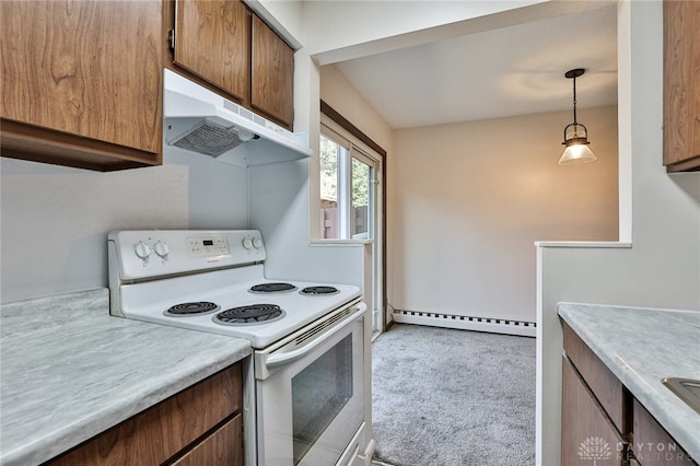 4530 Shawnray Dr Unit 84, Middletown, OH 45044 - kitchen featuring white electric stove, a baseboard heating unit, under cabinet range hood, carpet, and light countertops