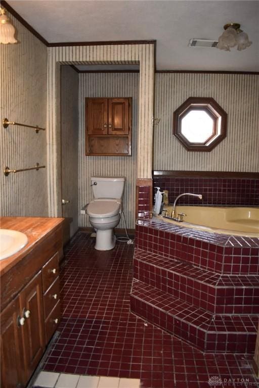 13181 Eaton Pike Unit 13181, New Lebanon, OH 45345 - bathroom featuring crown molding, a bath, vanity, tile patterned floors, and wallpapered walls