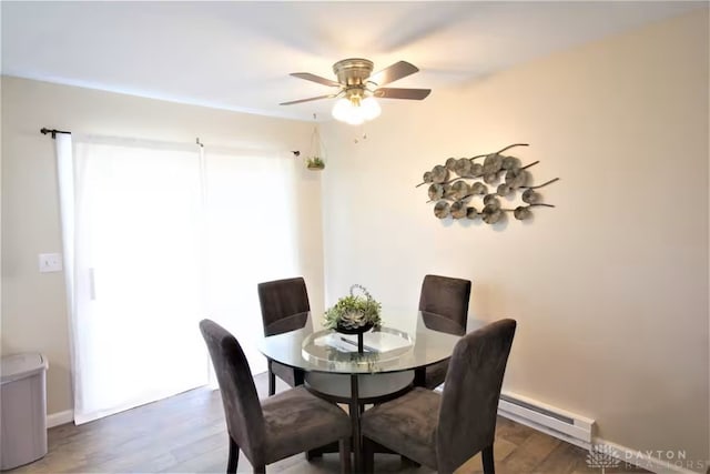 4646 Wayne Meadows Cir Unit 4640, Dayton, OH 45424 - dining area featuring a baseboard heating unit, ceiling fan, and wood finished floors