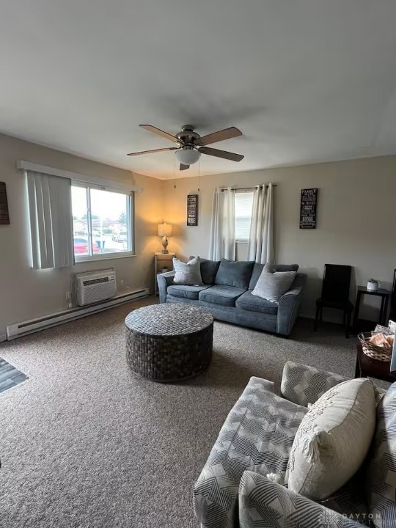 4646 Wayne Meadows Cir Unit 4640, Dayton, OH 45424 - carpeted living area featuring healthy amount of natural light, a baseboard heating unit, a ceiling fan, and a wall mounted AC