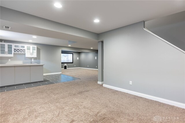 225 Woodstream Dr, Springboro, OH 45066 - basement with dark carpet, recessed lighting, and wet bar