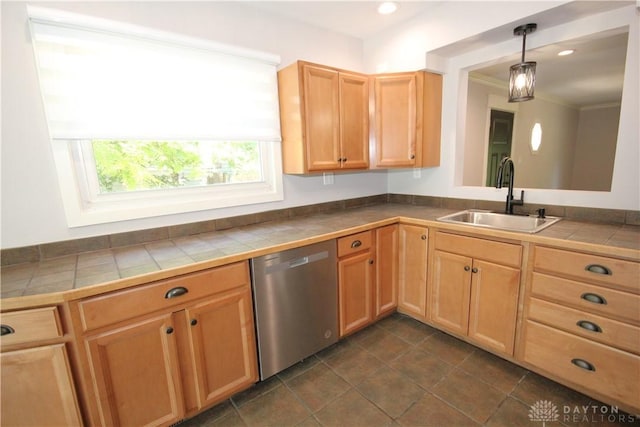 412 Cedar Ln, Lebanon, OH 45036 - kitchen with stainless steel dishwasher, tile counters, light brown cabinetry, and recessed lighting