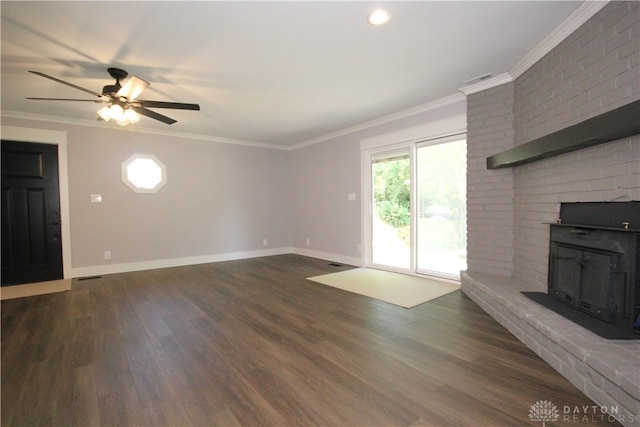 412 Cedar Ln, Lebanon, OH 45036 - unfurnished living room with a fireplace, dark wood-style floors, ornamental molding, and ceiling fan