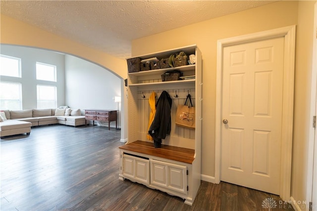 4005 Clearstream Way, Englewood, OH 45322 - mudroom with arched walkways, dark wood-style flooring, and a textured ceiling