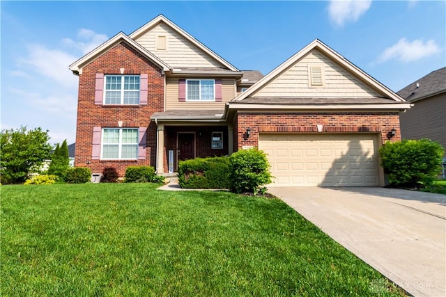 4005 Clearstream Way, Englewood, OH 45322 - traditional-style house featuring brick siding, concrete driveway, a garage, and a front lawn