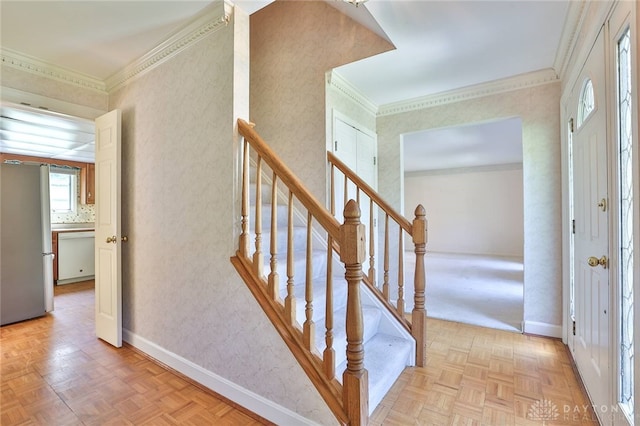 798 Carini Ln, Cincinnati, OH 45218 - stairs featuring crown molding and wallpapered walls