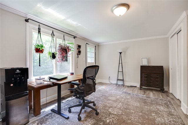 541 E Main St, Xenia, OH 45385 - office area featuring wood finished floors and crown molding