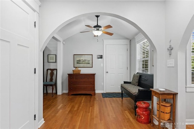 69 Bridge St, Cedarville Twp, OH 45314 - entrance foyer featuring ceiling fan, light wood finished floors, lofted ceiling, and arched walkways
