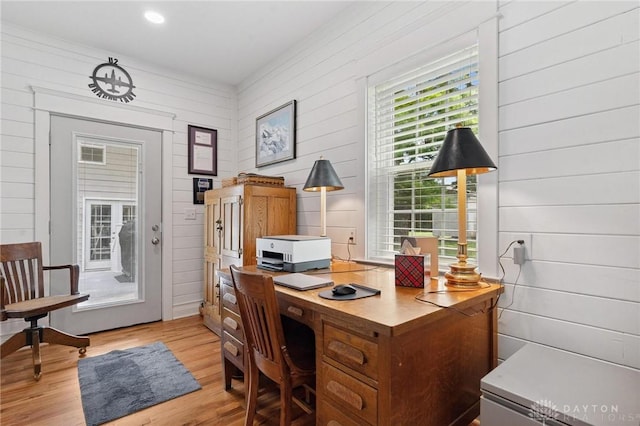 69 Bridge St, Cedarville Twp, OH 45314 - home office featuring wooden walls and light wood-style flooring