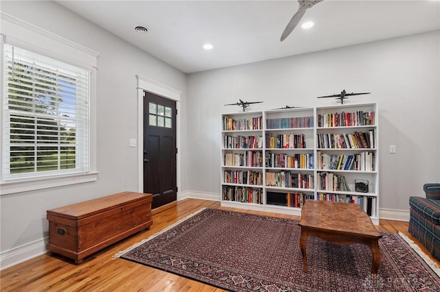 69 Bridge St, Cedarville Twp, OH 45314 - entrance foyer with ceiling fan, wood finished floors, and recessed lighting