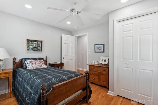69 Bridge St, Cedarville Twp, OH 45314 - bedroom featuring light wood-style flooring, a ceiling fan, recessed lighting, and a closet
