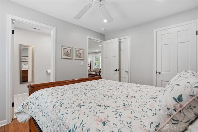 69 Bridge St, Cedarville Twp, OH 45314 - bedroom featuring wood finished floors, recessed lighting, a ceiling fan, and a closet