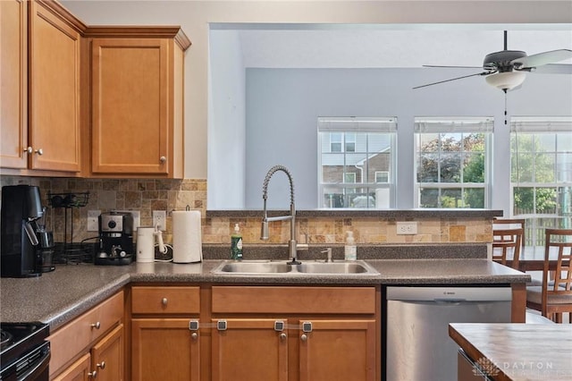 1681 S Branch Rd, Clearcreek Twp, OH 45458 - kitchen with stainless steel dishwasher, a ceiling fan, backsplash, and dark countertops