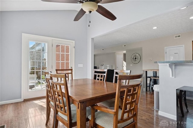 1681 S Branch Rd, Clearcreek Twp, OH 45458 - dining area with wood finished floors, ceiling fan, recessed lighting, and high vaulted ceiling