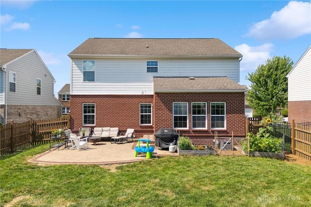 1681 S Branch Rd, Clearcreek Twp, OH 45458 - rear view of property with outdoor lounge area, a patio, a fenced backyard, and brick siding