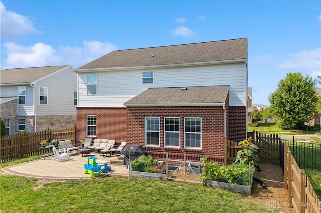 1681 S Branch Rd, Clearcreek Twp, OH 45458 - rear view of property with a patio, an outdoor living space, brick siding, and a fenced backyard