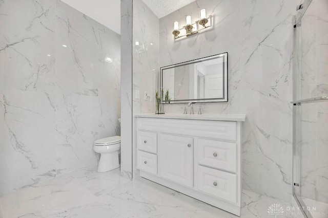 1200 Wyoming St, Dayton, OH 45410 - full bathroom featuring marble tiled flooring, vanity, a marble finish shower, tile walls, and stone wall