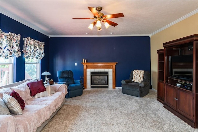 24 Dinsley Pl, Springboro, OH 45066 - living room with light colored carpet, a ceiling fan, a fireplace, and ornamental molding