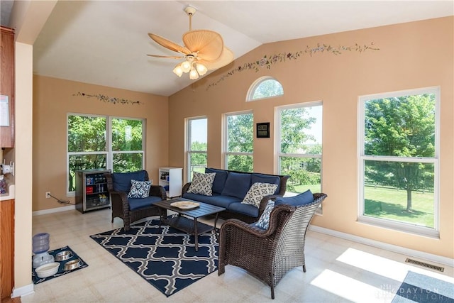 24 Dinsley Pl, Springboro, OH 45066 - living area with light flooring, lofted ceiling, and ceiling fan
