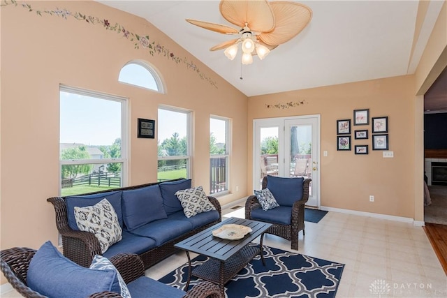 24 Dinsley Pl, Springboro, OH 45066 - living area with a ceiling fan, high vaulted ceiling, and light floors