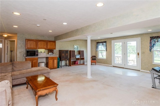 24 Dinsley Pl, Springboro, OH 45066 - living area featuring decorative columns, recessed lighting, and light carpet