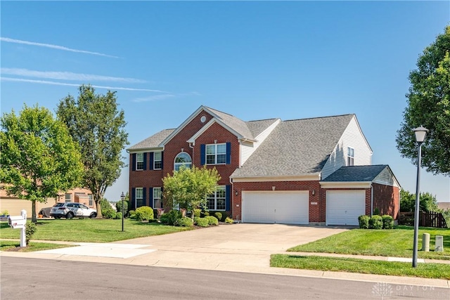 24 Dinsley Pl, Springboro, OH 45066 - colonial house with an attached garage, a front yard, brick siding, driveway, and roof with shingles