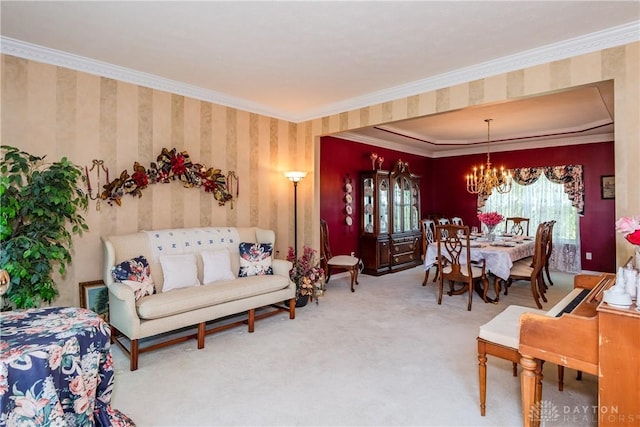 24 Dinsley Pl, Springboro, OH 45066 - living area featuring a chandelier, wallpapered walls, carpet floors, and ornamental molding