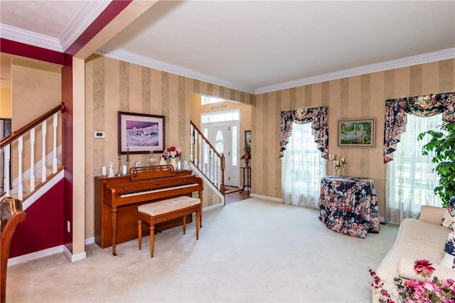 24 Dinsley Pl, Springboro, OH 45066 - living area with stairs, wallpapered walls, ornamental molding, and carpet flooring