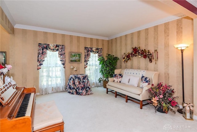 24 Dinsley Pl, Springboro, OH 45066 - carpeted living area with wallpapered walls and ornamental molding