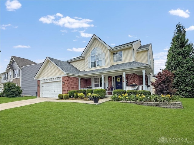 1207 Durbin Ter, Maineville, OH 45039 - traditional-style home with a porch, brick siding, driveway, a front lawn, and a garage