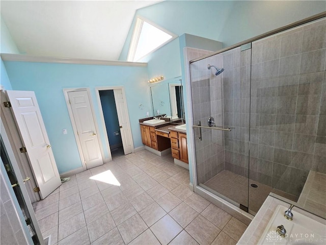 1962 Fountain View Dr, Dayton, OH 45414 - full bathroom featuring lofted ceiling, vanity, a shower stall, tile patterned flooring, and a garden tub