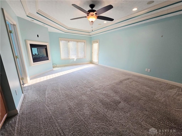1962 Fountain View Dr, Dayton, OH 45414 - spare room with a raised ceiling, ceiling fan, carpet, recessed lighting, and crown molding