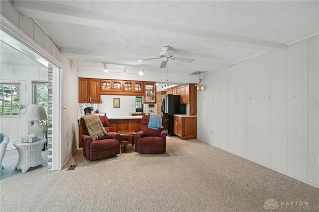 328 Shadywood Dr, Clayton, OH 45415 - living area featuring light carpet, ceiling fan, and a textured ceiling