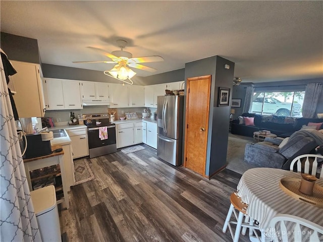 103 N Taylor St Unit 101, Farmersville, OH 45325 - kitchen with stainless steel appliances, ceiling fan, dark wood-style floors, open floor plan, and under cabinet range hood