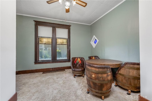 307 E Cherry St, New Paris, OH 45347 - living area with crown molding, ceiling fan, and carpet flooring