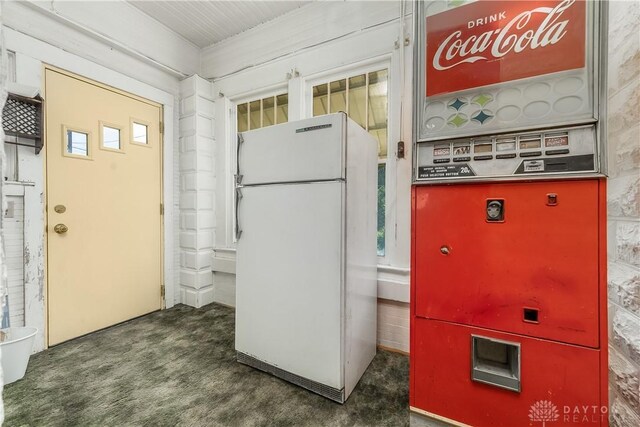 307 E Cherry St, New Paris, OH 45347 - kitchen with freestanding refrigerator and carpet flooring
